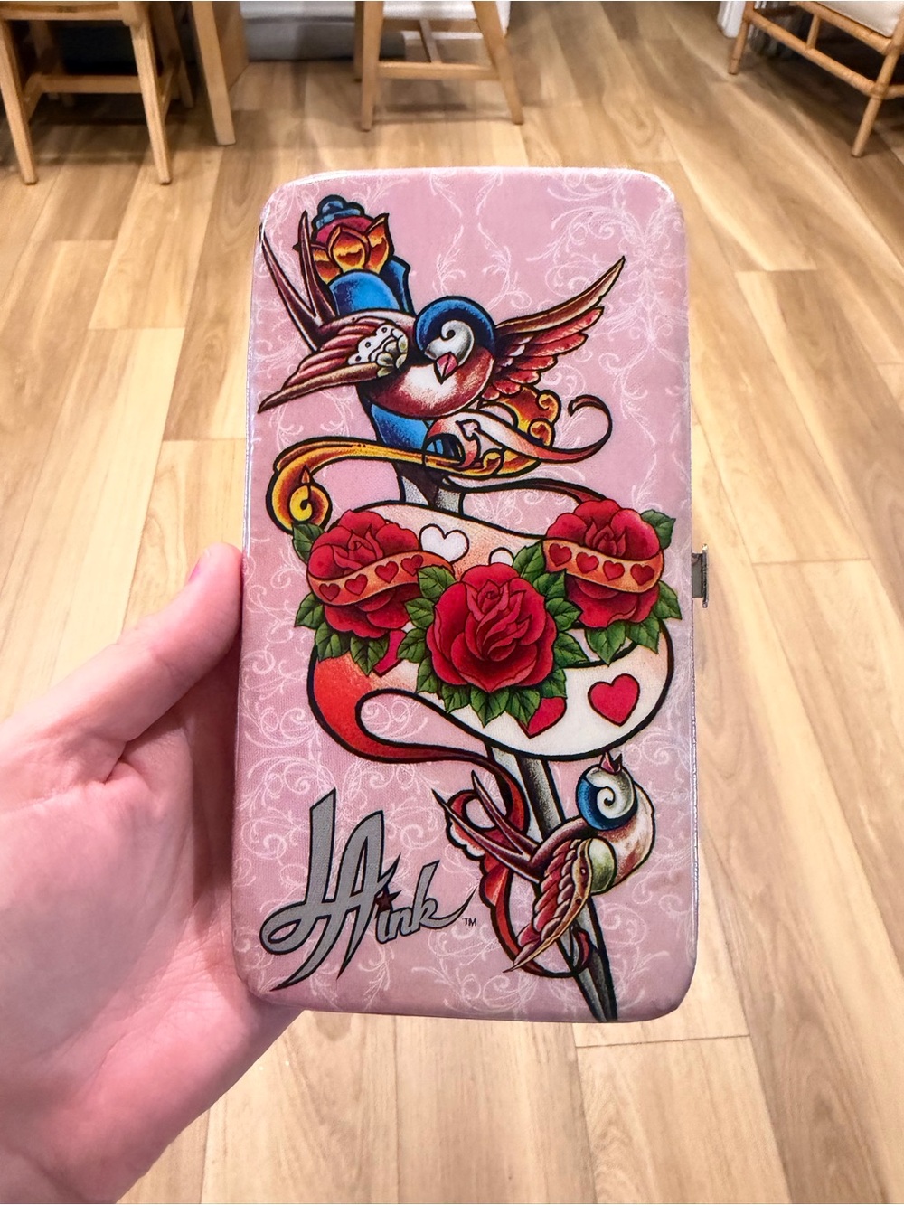 Y2K LA Ink Pink Tattoo-Style Wallet Clutch with Red Roses